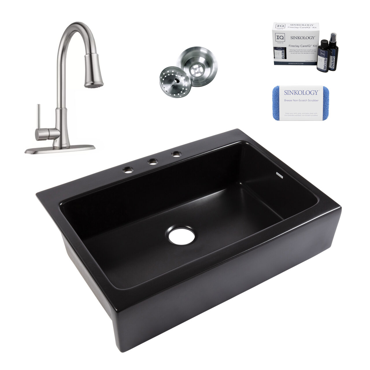 Josephine 34" Quick-Fit Matte Black Fireclay Sink (3 Holes) with Stainless Steel Pfirst Faucet
