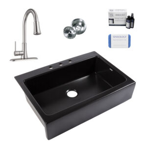 Josephine 34" Quick-Fit Matte Black Fireclay Sink (3 Holes) with Stainless Steel Pfirst Faucet
