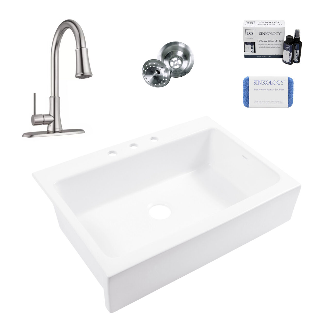 Josephine 34" Quick-Fit Fireclay Sink (3 Holes) with Stainless Steel Pfirst Faucet