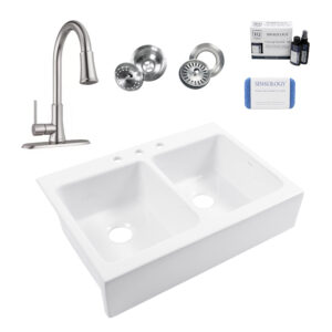 Parker 34" Double Bowl Quick-Fit Fireclay Sink with Stainless Steel Pfirst Faucet