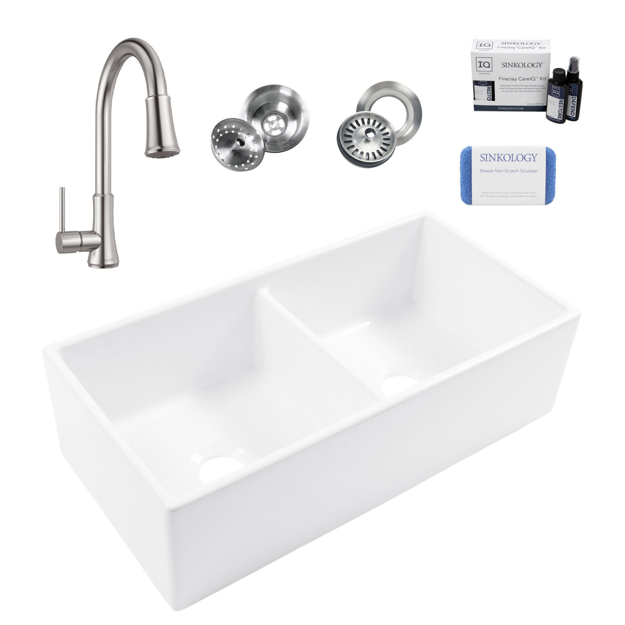 Austen 36" Double Bowl Fireclay Sink with Stainless Steel Pfirst Faucet