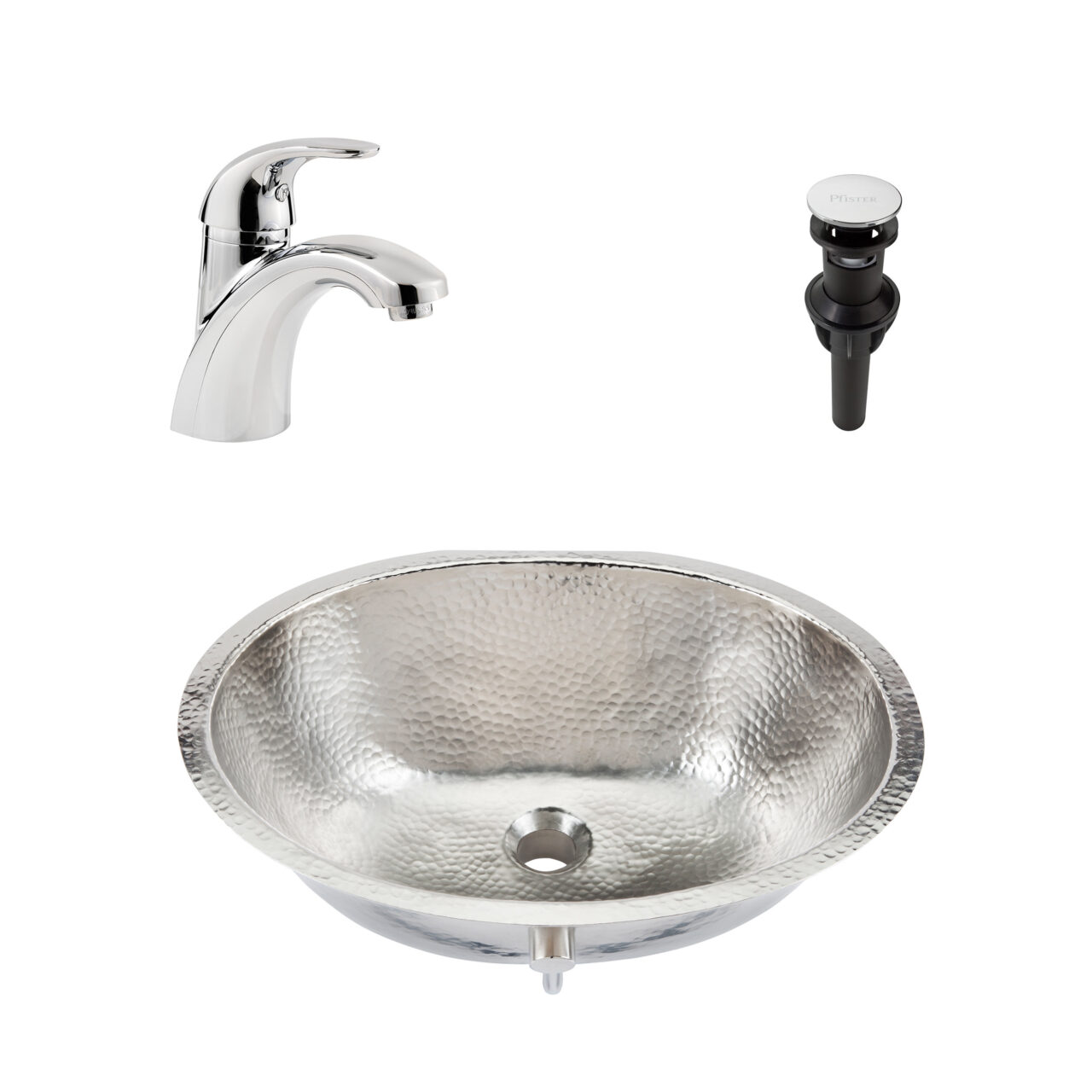 All-in-One Kit with nickel undermount oval shaped sink, single handle faucet and a pop-up drain