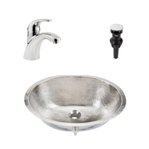 All-in-One Kit with nickel undermount oval shaped sink, single handle faucet and a pop-up drain